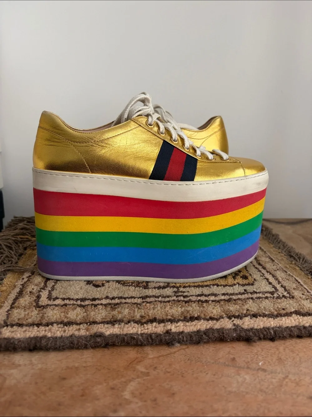 Gucci- PEGGY Gold Rainbow Platform Sneakers - Women's  Lace-Up sz 36 - DAMAGED